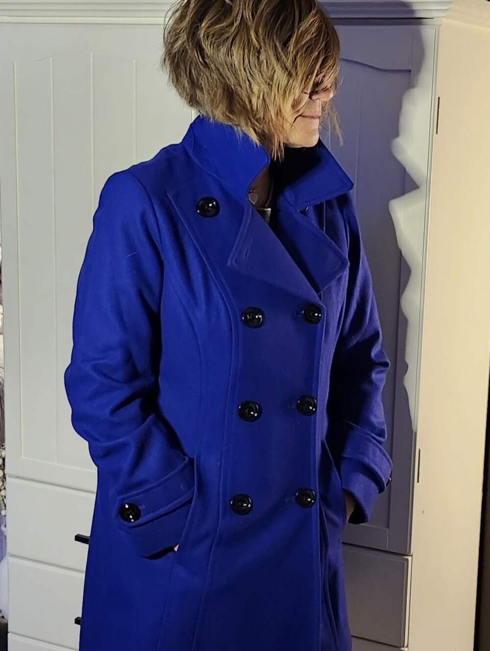 Anne Klein Double-Breasted Wool Blend Dark Cobalt Blue Pea Coat Sz M